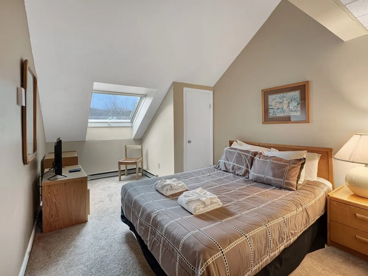 This image showcases a serene master bedroom featuring a plush queen bed, a nightstand, a flat-screen television, and a skylight that bathes the room in gentle natural light. The vaulted ceiling adds a sense of spaciousness and calm, while soft textures and neutral tones enhance the restful atmosphere.