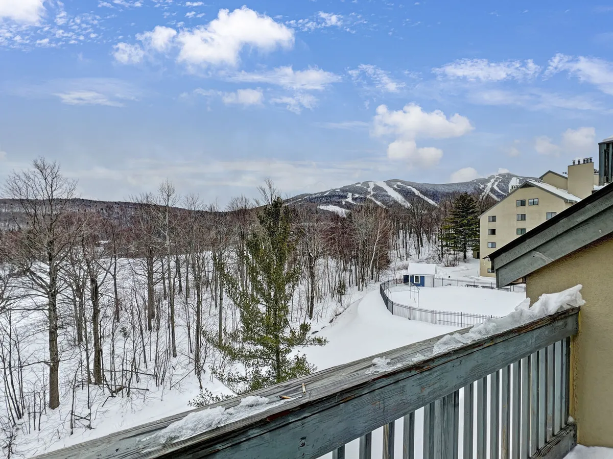 A peaceful view of snow-covered mountains with snowy trees in the foreground and distant buildings nestled among the landscape. The entire scene is blanketed in white under a soft sky, evoking the magic of winter recreation and family fun.